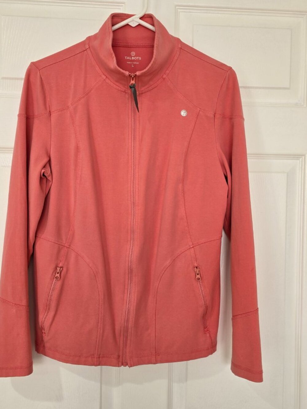T by Talbots Everyday Yoga Jacket Full Zip Mock Neck Zip Pocket Coral Pink Large - Picture 2 of 8